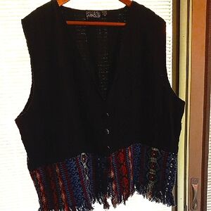 Vintage Shelly & Arnold 3X Black and Multicolor Tapestry Style Fringe Vest